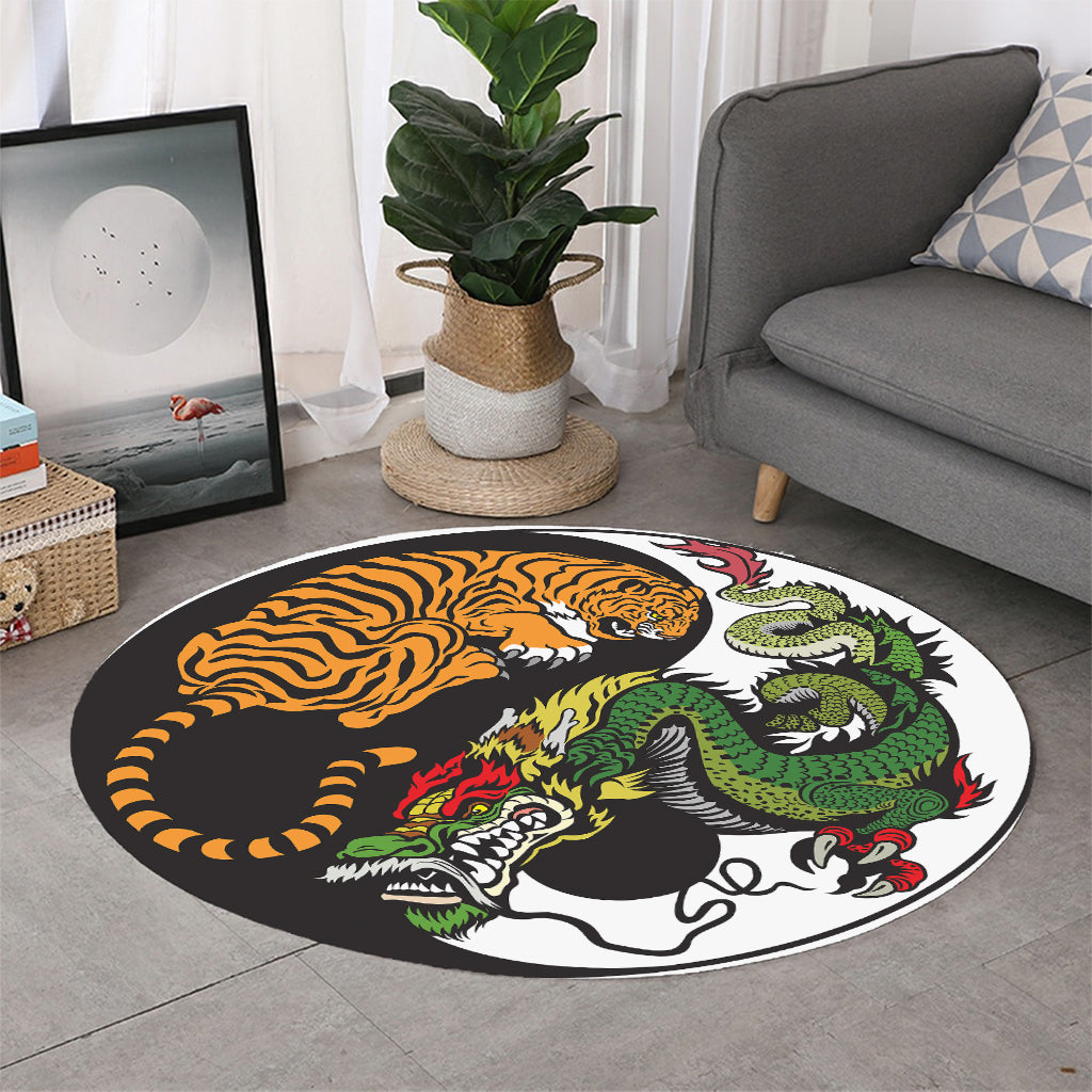 Tiger And Dragon Yin Yang Print Round Rug