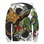 Tiger And Dragon Yin Yang Print Sherpa Lined Zip Up Hoodie