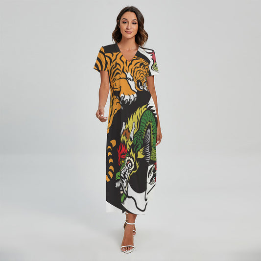 Tiger And Dragon Yin Yang Print Short Sleeve Maxi Dress