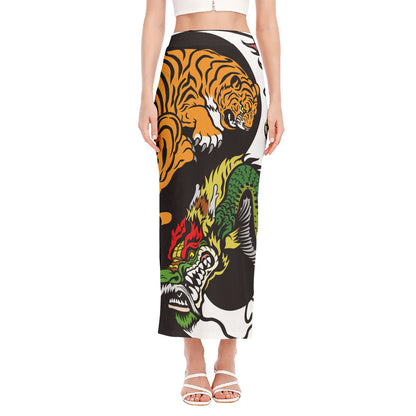 Tiger And Dragon Yin Yang Print Side Slit Maxi Skirt