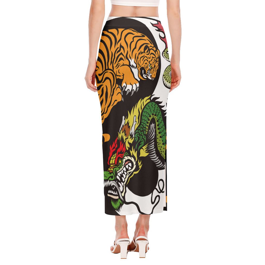 Tiger And Dragon Yin Yang Print Side Slit Maxi Skirt
