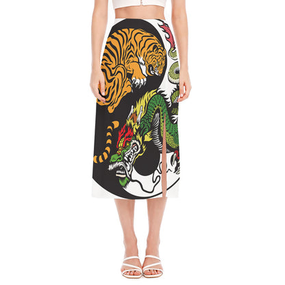 Tiger And Dragon Yin Yang Print Side Slit Midi Skirt