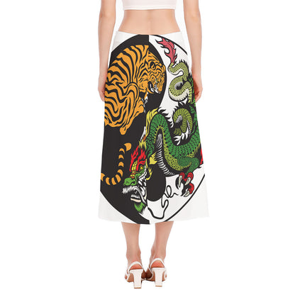 Tiger And Dragon Yin Yang Print Side Slit Midi Skirt
