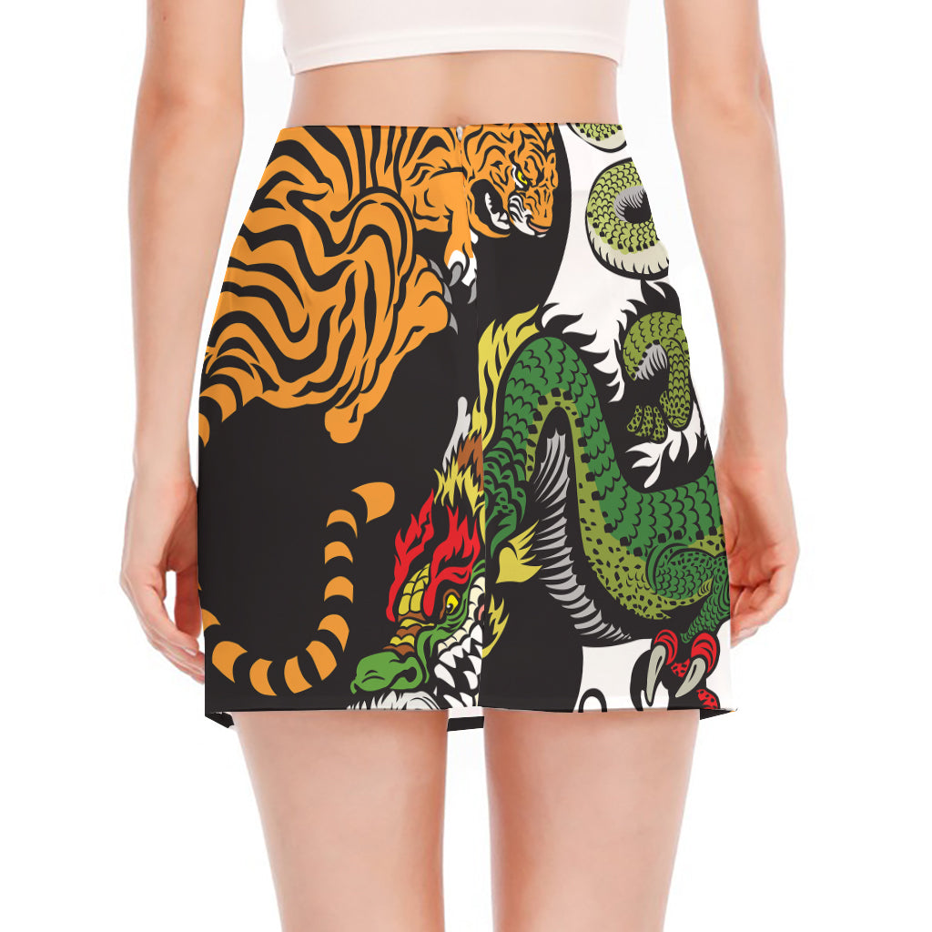 Tiger And Dragon Yin Yang Print Side Slit Mini Skirt