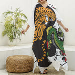 Tiger And Dragon Yin Yang Print Silk V-Neck Kaftan Dress