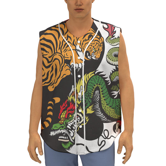 Tiger And Dragon Yin Yang Print Sleeveless Baseball Jersey