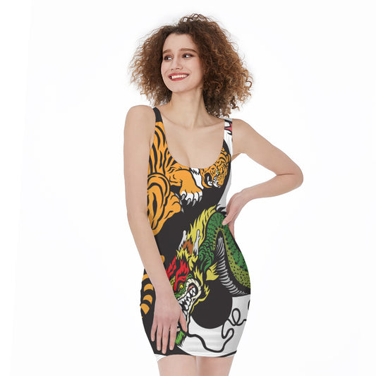 Tiger And Dragon Yin Yang Print Sleeveless Bodycon Dress
