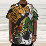 Tiger And Dragon Yin Yang Print Textured Short Sleeve Shirt