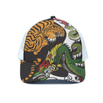 Tiger And Dragon Yin Yang Print White Mesh Trucker Cap