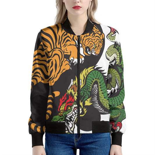 Tiger And Dragon Yin Yang Print Women's Bomber Jacket