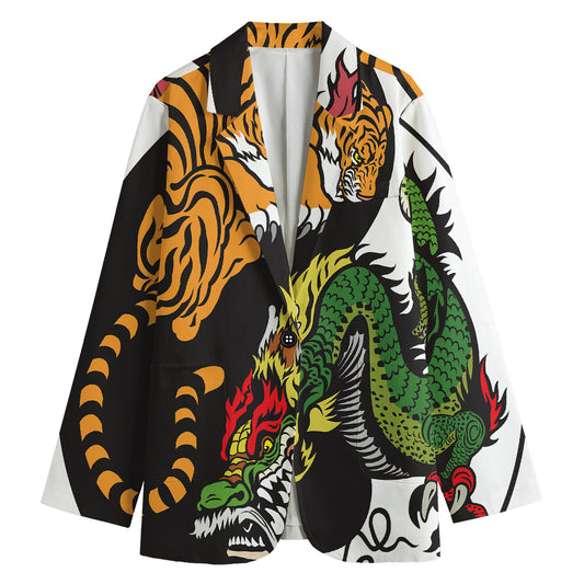 Tiger And Dragon Yin Yang Print Women's Cotton Blazer