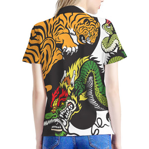 Tiger And Dragon Yin Yang Print Women's Polo Shirt