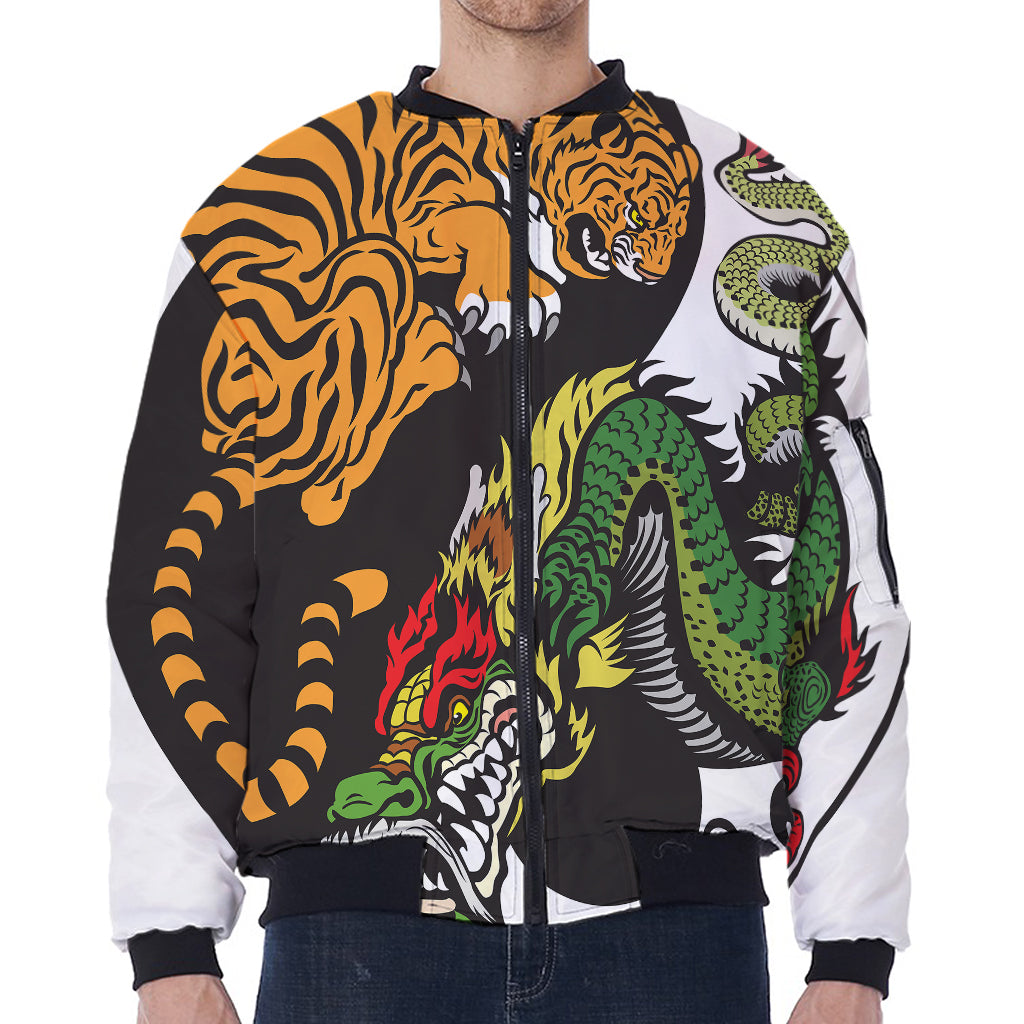 Tiger And Dragon Yin Yang Print Zip Sleeve Bomber Jacket