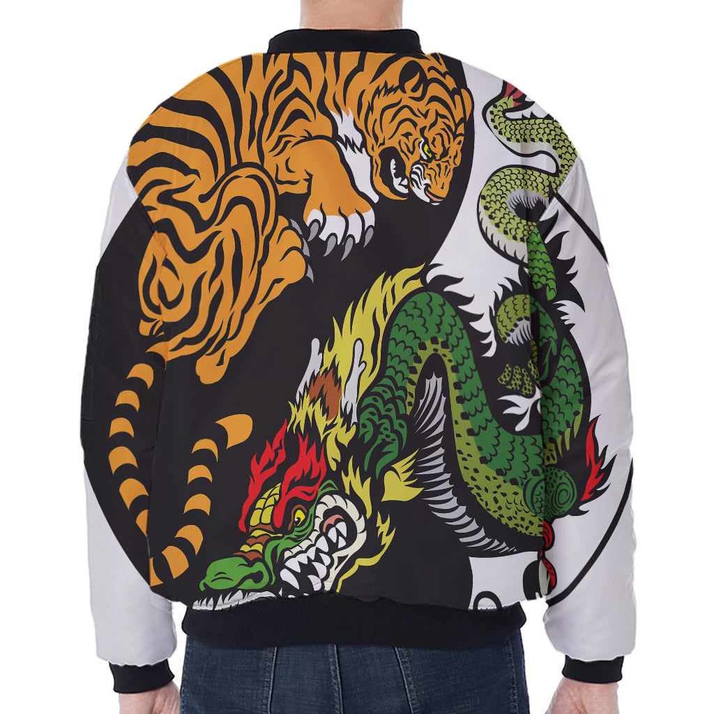 Tiger And Dragon Yin Yang Print Zip Sleeve Bomber Jacket