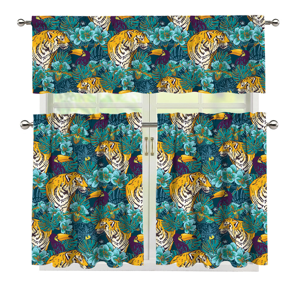 Tiger And Toucan Pattern Print 3 Piece Kitchen Curtains
