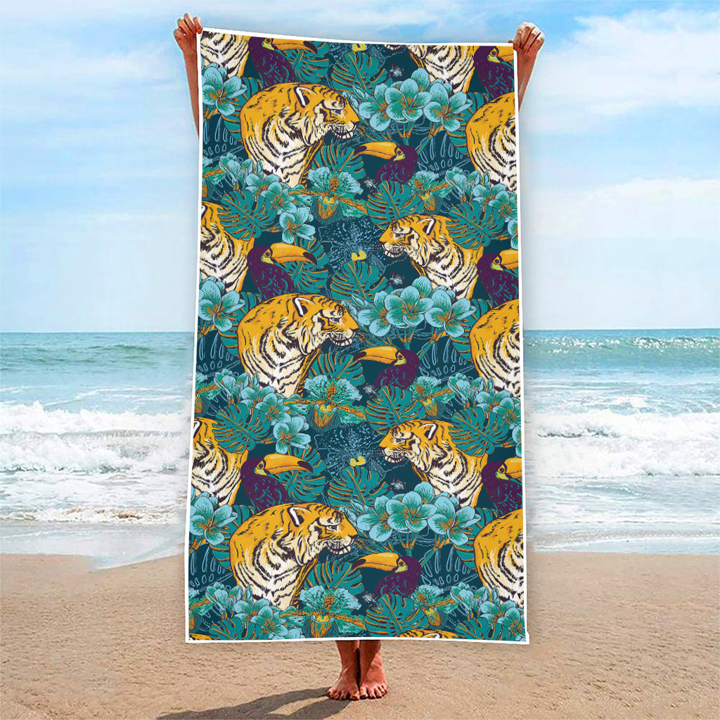 Tiger And Toucan Pattern Print Beach Towel