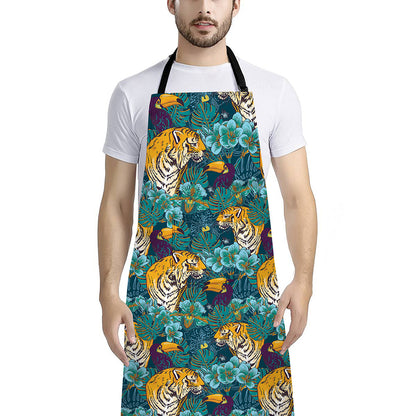 Tiger And Toucan Pattern Print Bib Apron With Pocket