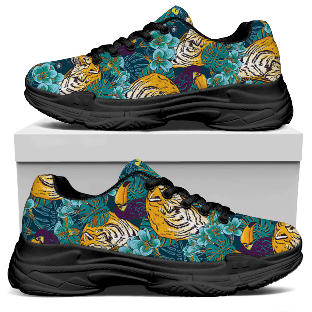Tiger And Toucan Pattern Print Black Chunky Shoes