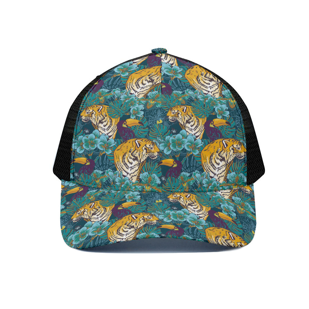 Tiger And Toucan Pattern Print Black Mesh Trucker Cap