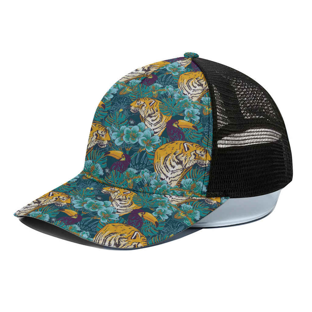 Tiger And Toucan Pattern Print Black Mesh Trucker Cap