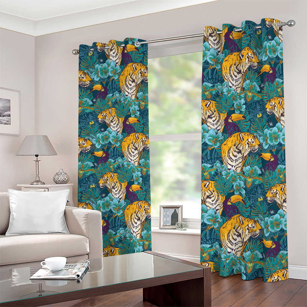 Tiger And Toucan Pattern Print Blackout Grommet Curtains