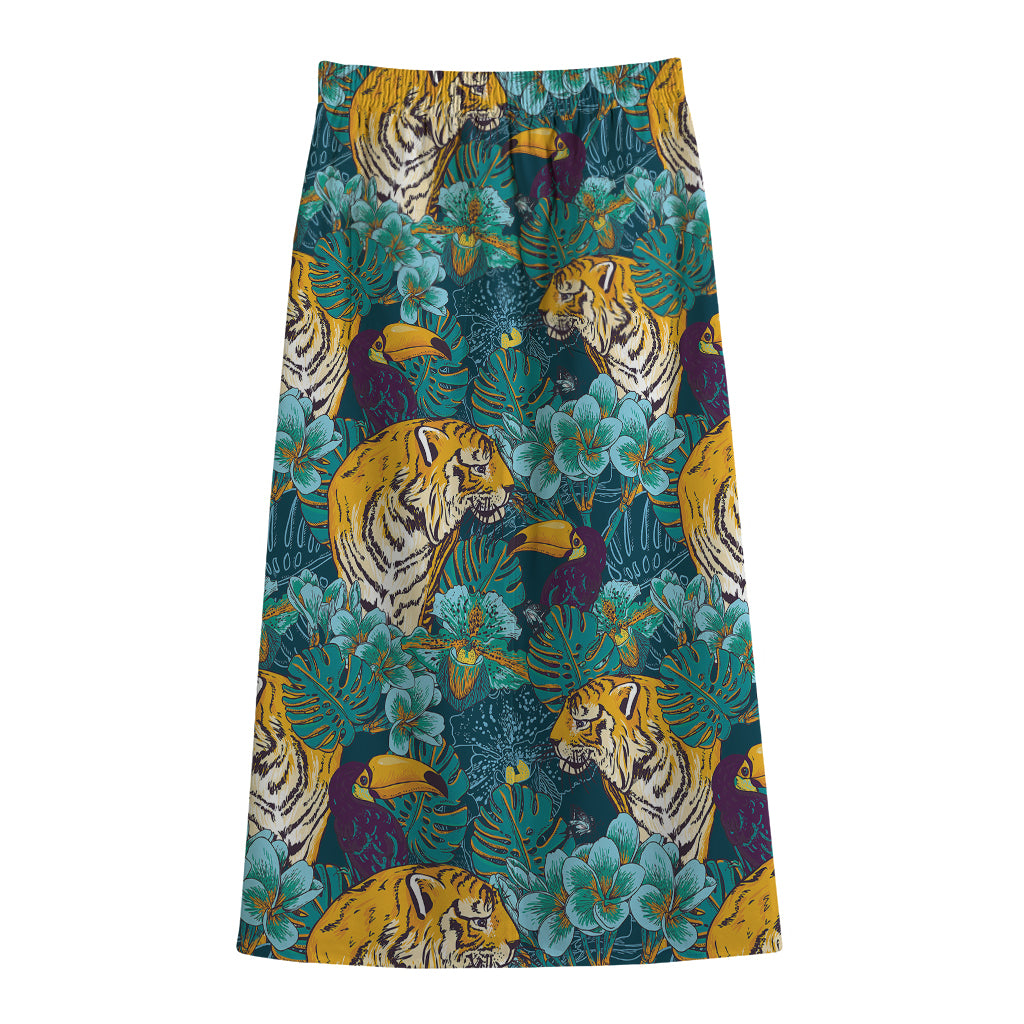 Tiger And Toucan Pattern Print Cotton Front Slit Maxi Skirt