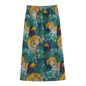 Tiger And Toucan Pattern Print Cotton Front Slit Maxi Skirt