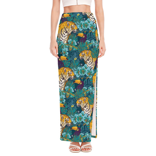 Tiger And Toucan Pattern Print High Slit Maxi Skirt
