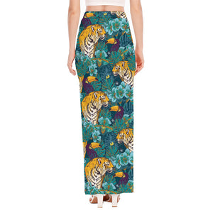 Tiger And Toucan Pattern Print High Slit Maxi Skirt