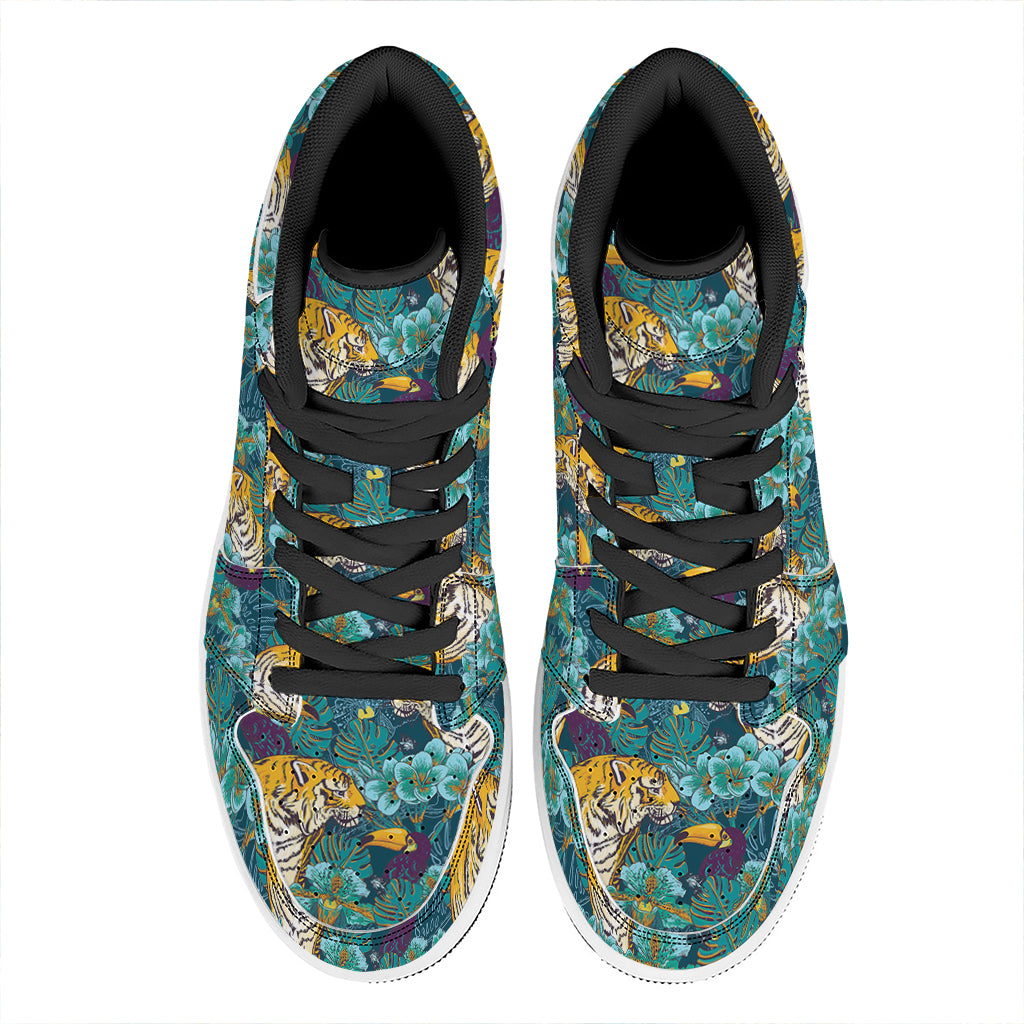 Tiger And Toucan Pattern Print High Top Leather Sneakers