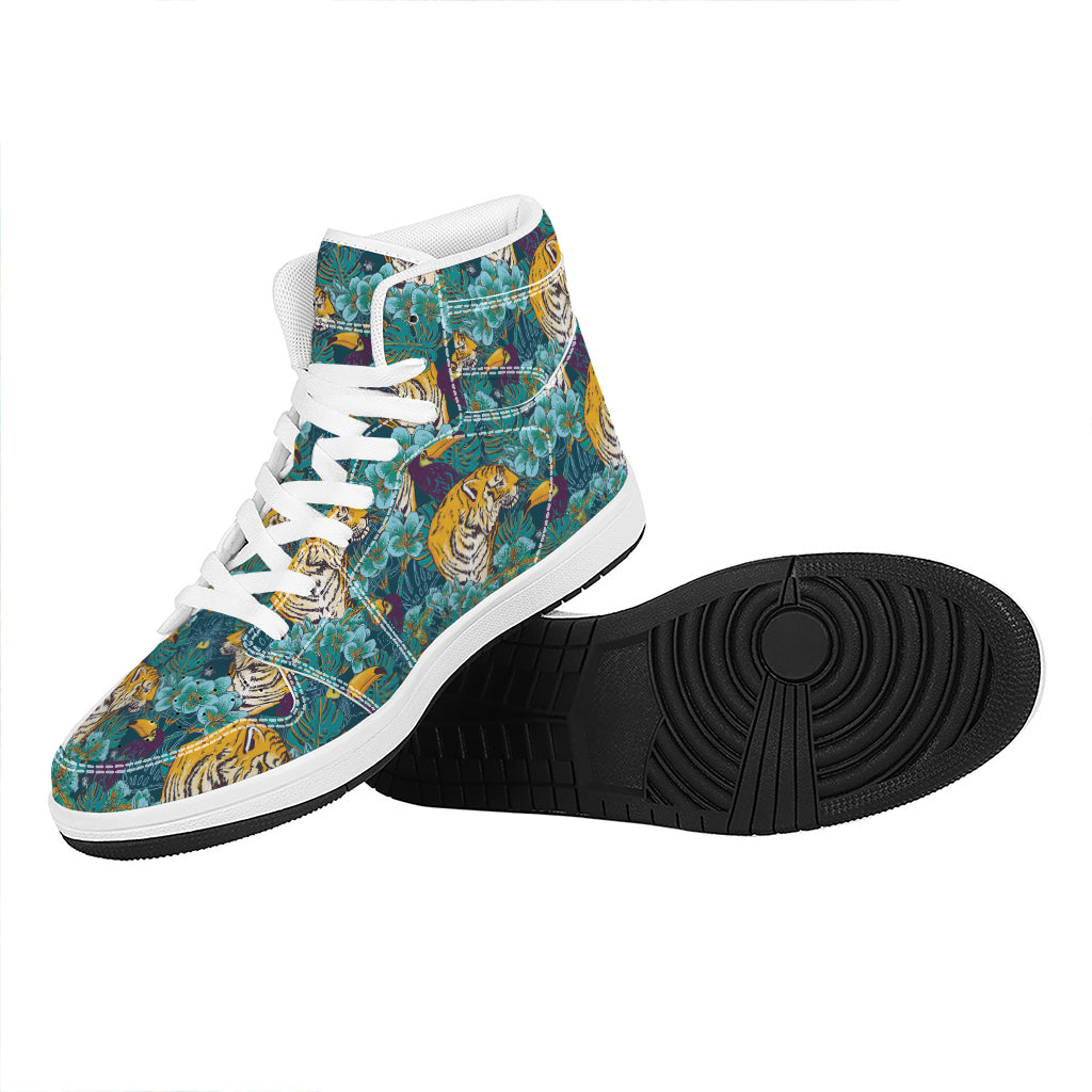 Tiger And Toucan Pattern Print High Top Leather Sneakers