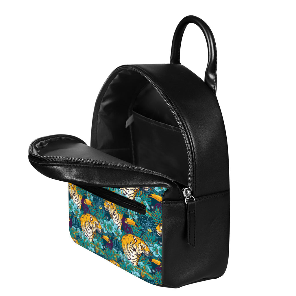 Tiger And Toucan Pattern Print Leather Backpack
