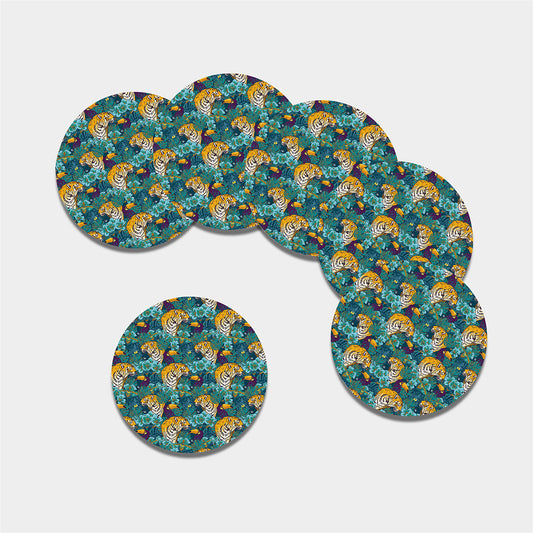 Tiger And Toucan Pattern Print Leather Coaster Set