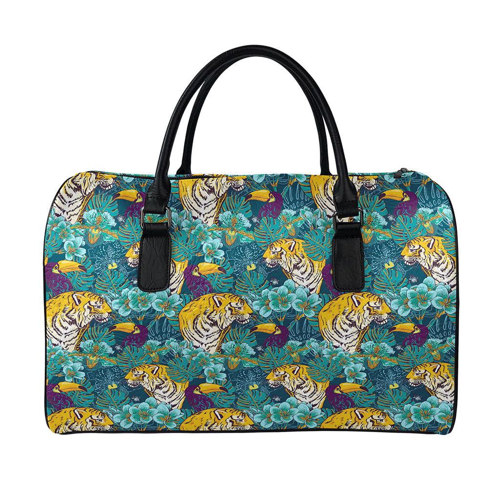 Tiger And Toucan Pattern Print Leather Duffle Bag