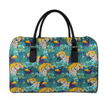 Tiger And Toucan Pattern Print Leather Duffle Bag