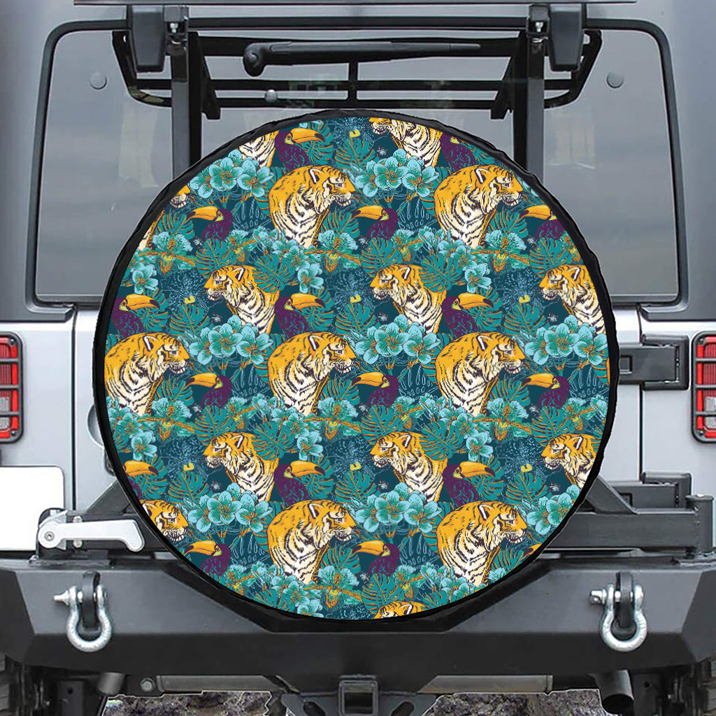 Tiger And Toucan Pattern Print Leather Spare Tire Cover