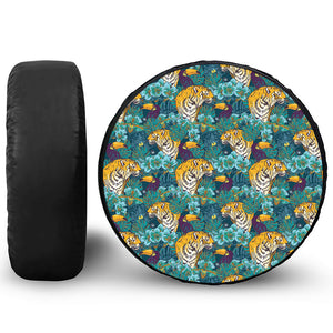 Tiger And Toucan Pattern Print Leather Spare Tire Cover