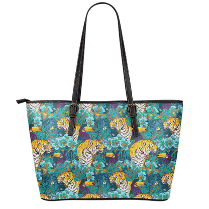 Tiger And Toucan Pattern Print Leather Tote Bag