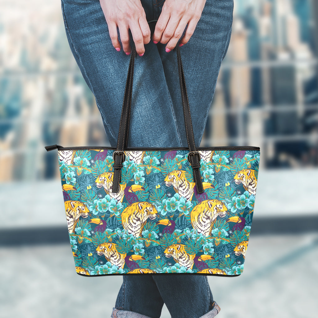 Tiger And Toucan Pattern Print Leather Tote Bag