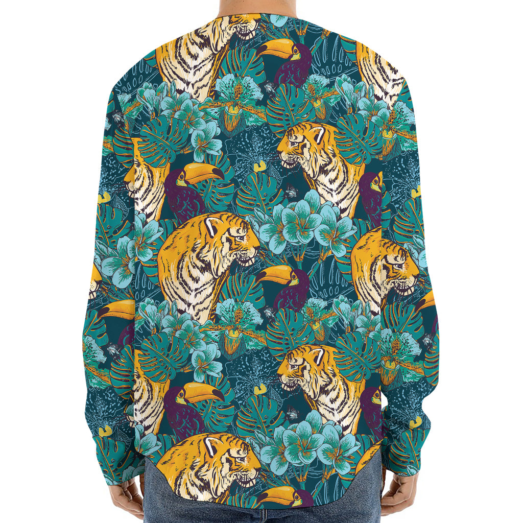 Tiger And Toucan Pattern Print Long Sleeve Baseball Jersey