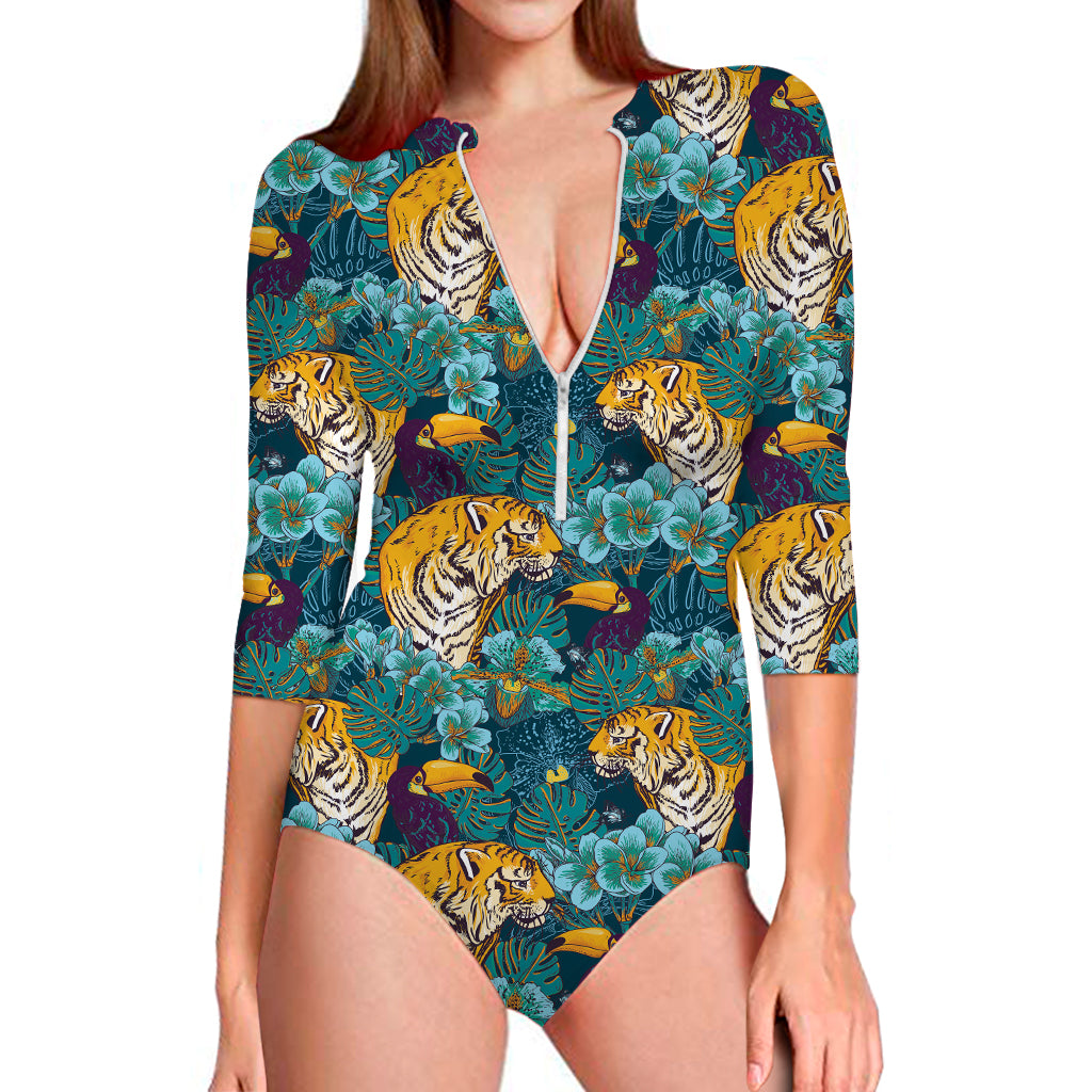 Tiger And Toucan Pattern Print Long Sleeve Swimsuit