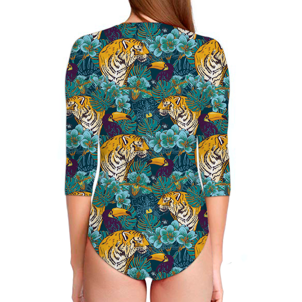 Tiger And Toucan Pattern Print Long Sleeve Swimsuit