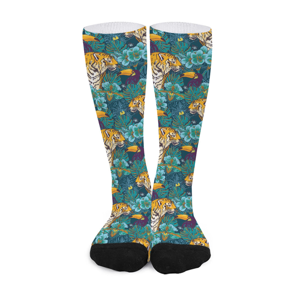 Tiger And Toucan Pattern Print Long Socks