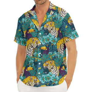 Tiger And Toucan Pattern Print Men's Deep V-Neck Shirt