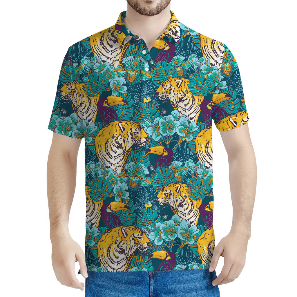 Tiger And Toucan Pattern Print Men's Polo Shirt