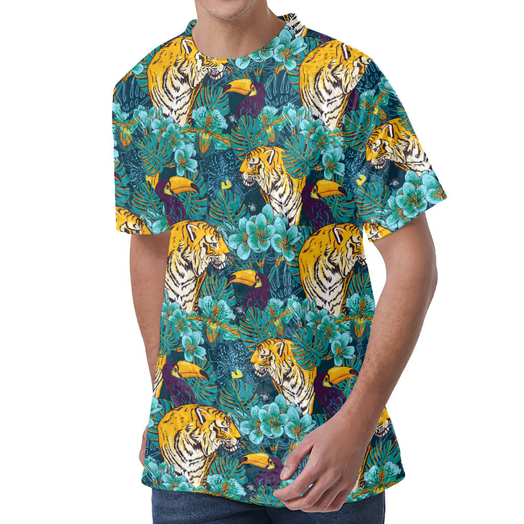 Tiger And Toucan Pattern Print Men's Velvet T-Shirt