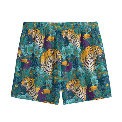 Tiger And Toucan Pattern Print Mesh Shorts