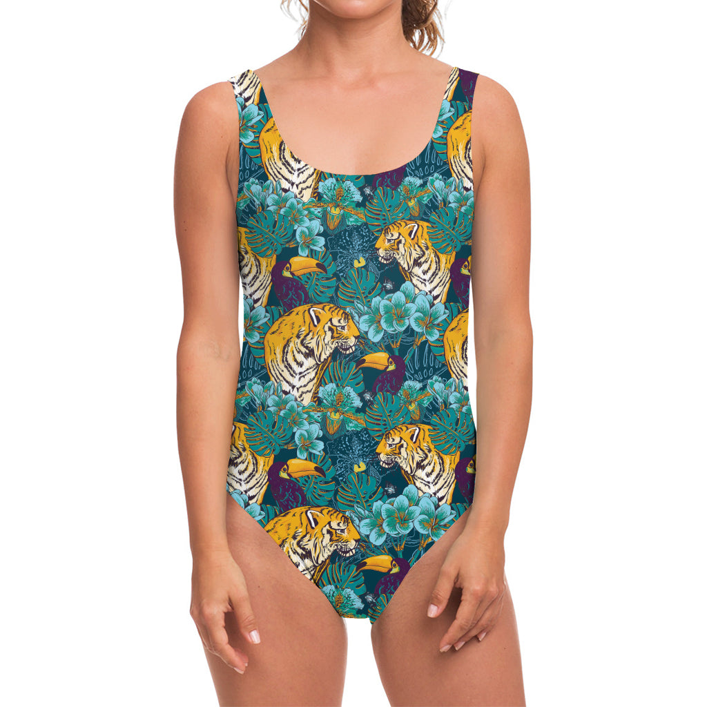 Tiger And Toucan Pattern Print One Piece Swimsuit