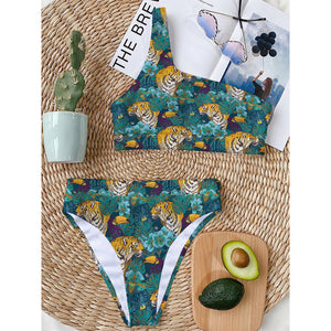 Tiger And Toucan Pattern Print One Shoulder Bikini Top