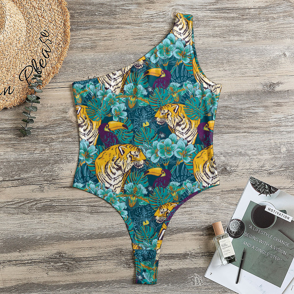 Tiger And Toucan Pattern Print One Shoulder Bodysuit